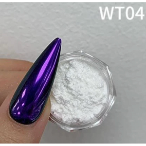 Purple nail tip and container of white chrome powder on a gray background with 'WT04' text.
